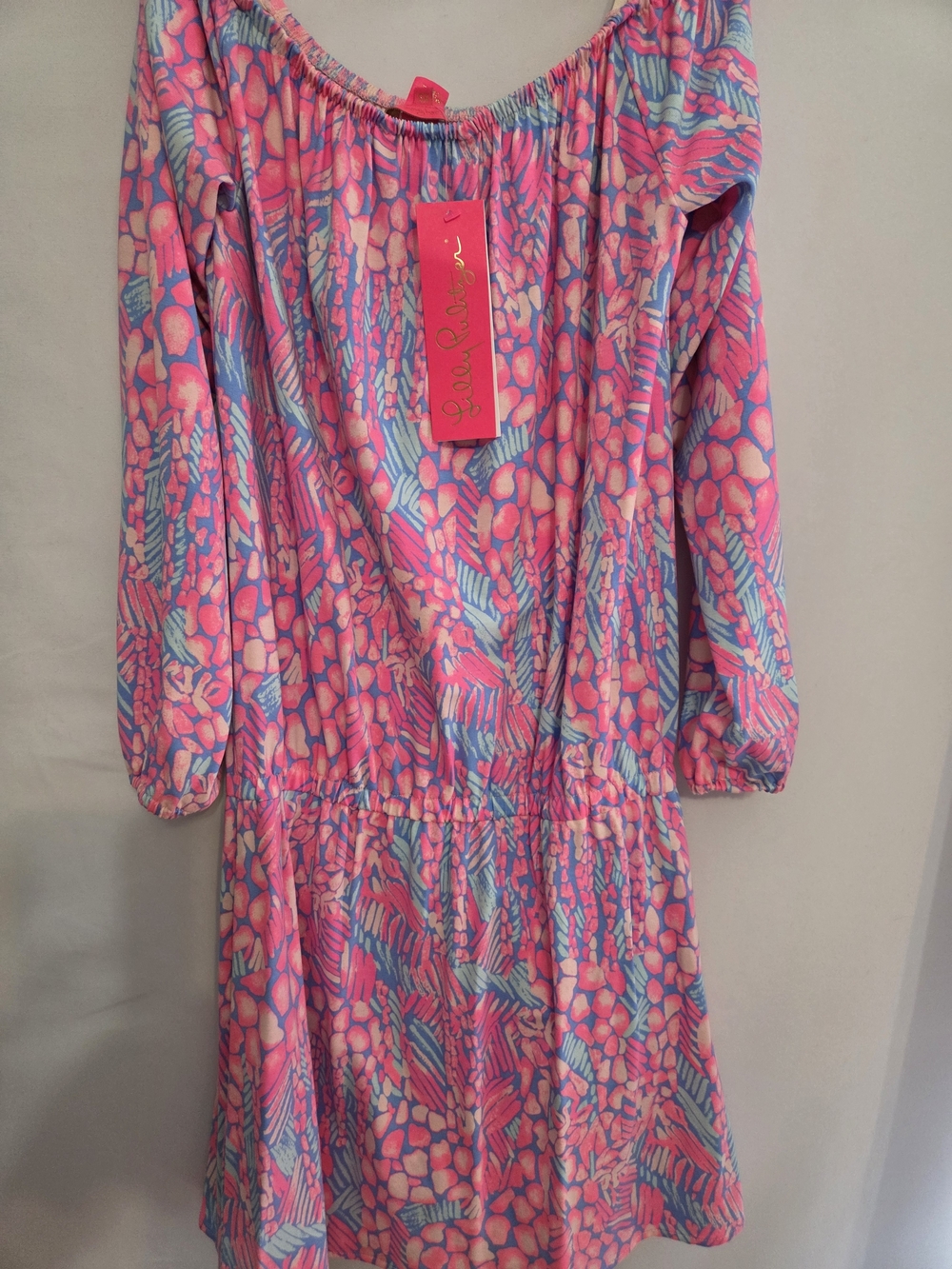 NWT Lilly Pulitzer Lana Romper Pink & Blue Tropical-Print Off-Shoulder Dress